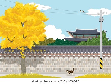 Autumn scenery with old-fashioned Korean houses and yellow ginkgo trees