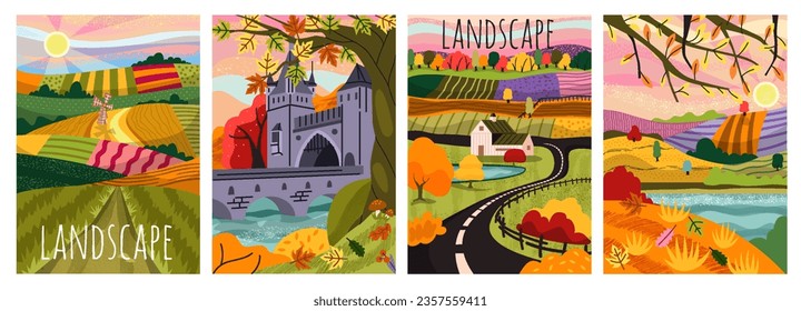 Autumn scenery poster set. Colorful banners with fall leaves and orange foliage, rustic house and fields with harvest. Village and farm concept. Cartoon flat vector isolated on white background