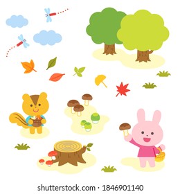 Autumn Scenery  A rabbit and a squirrel hunting mushrooms  No lines