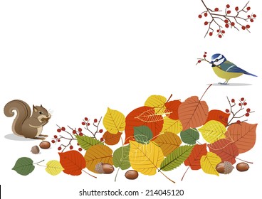 Autumn scenes- golden leaves, acorns with blur bird and squirrel
