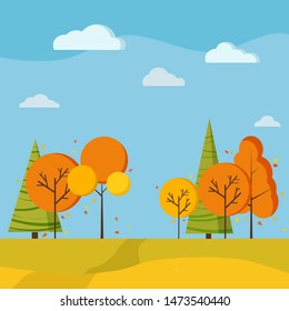 Autumn scenic field landscape background with yellow and orange trees, spruces, fields, river, clouds, birds crane wedge in cartoon style. Cute vector flat design nature background illustration.