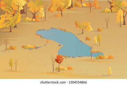 Autumn scenic top view of the park with yellow trees and lake. Autumn colors, landscape