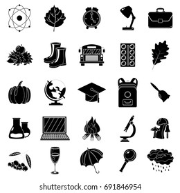Autumn, school icon set. Black and white style. White background. Vector illustration.