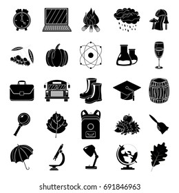 Autumn, school icon set. Black and white style. White background. Vector illustration.