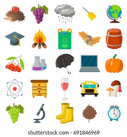 Autumn, school icon set. Cartoon and flat style. White background. Vector illustration.