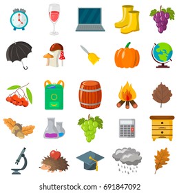 Autumn, school icon set. Cartoon and flat style. White background. Vector illustration.