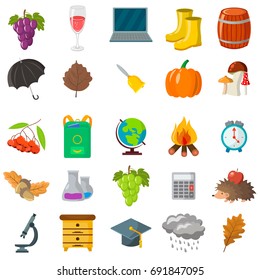 Autumn, school icon set. Cartoon and flat style. White background. Vector illustration.
