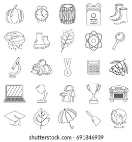 Autumn, school icon set. Outline, line, thin style. White background. Vector illustration.