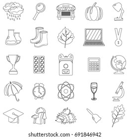 Autumn, school icon set. Outline, line, thin style. White background. Vector illustration.