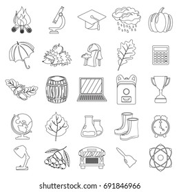 Autumn, school icon set. Outline, line, thin style. White background. Vector illustration.