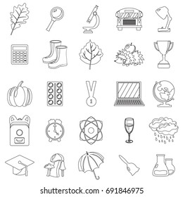 Autumn, school icon set. Outline, line, thin style. White background. Vector illustration.