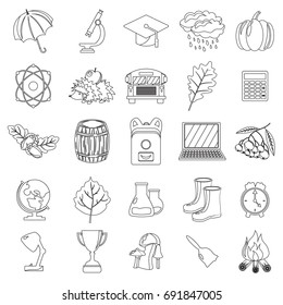 Autumn, school icon set. Outline, line, thin style. White background. Vector illustration.