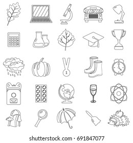 Autumn, school icon set. Outline, line, thin style. White background. Vector illustration.