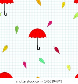 Autumn school seamless pattern with umbrellas and leaves on squared background. Vector illustration for fabric, textile, wallpaper, posters, gift wrapping paper.  Print for children. Doodle style. 