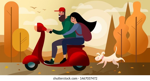 Autumn scooter trip with a girl. City street scene. Vector illustration.