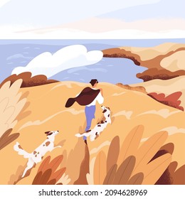 Autumn sea landscape with man walking with dogs. Happy person and pets strolling in scenic tranquil fall nature. Quiet holidays. Freedom and serenity concept. Colored flat vector illustration