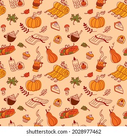 Autumn Seamles Pattern In Orange Tones, Cozy Objects. Seamless Pattern. Vector.