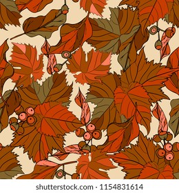 autumn seamless background with bright autumn leaves. Bright color background for the  cards, paper wrapper and other objects. Hand drawing vector illustration

