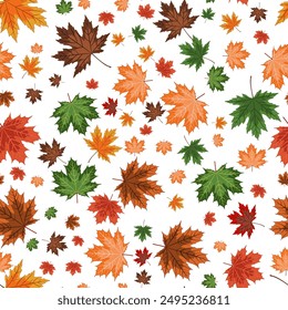 autumn seamless background. A bright vector illustration depicting a multitude of multicolored fallen maple leaves on a white background. colorful autumn-themed drawing