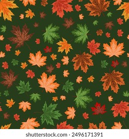 autumn seamless background. A bright vector illustration depicting a multitude of multicolored fallen maple leaves on a green background. colorful autumn-themed drawing