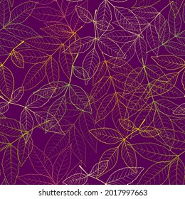 Otoño fondo transparente con contornos de hojas sobre un fondo morado. Patrón para decorar fondos otoñales, postales, papel envolvente, servilletas, tejidos, etc.