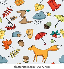 Autumn seamless background with ducks, fox, umbrella and leaves 