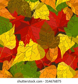 Autumn seamless background with hand drawn colorful leaves. Vector texture.