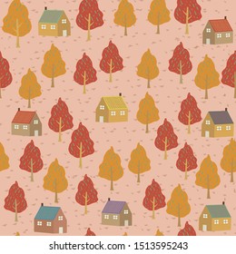 Autumn seamless background, houses and trees