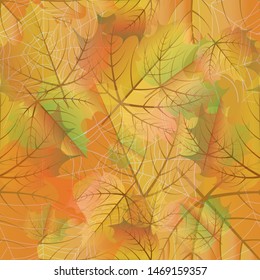 Autumn seamless background with maple leaves and spider web, vector illustration