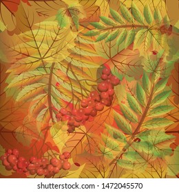 Autumn seamless background with maple leaves and rowan, vector illustration