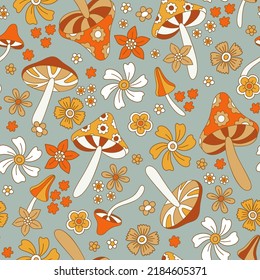 Autumn, seamless background with mushrooms and flowers in retro style. Bohemian, flower child, 60s, 70s vector pattern. Texture for autumn textiles, fabrics, paper, wallpapers.