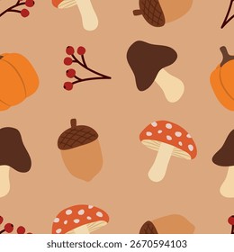 autumn seamless background pattern with mushroom, acorn, berries, and pumpkin 