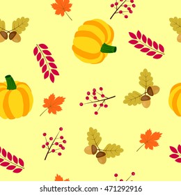 autumn seamless background with pumpkin, acorns and leaves of maple and oak