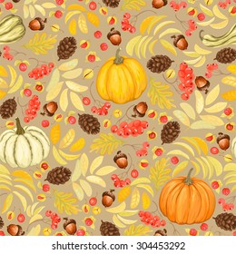 Autumn seamless background with pumpkins, acorns, pine cones, rowan and Oriental Bittersweet, vector illustration.