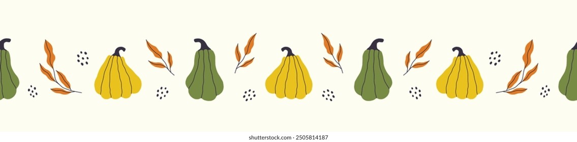 Autumn seamless background with pumpkins, autumn branches with leaves and abstract elements. Repeating pattern.