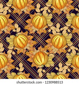 Autumn. Seamless background with pumpkins, maple leaves, branches and stripes. Can be used for printing, textile, background, patterns, cards for holidays-thanksgiving, harvest.