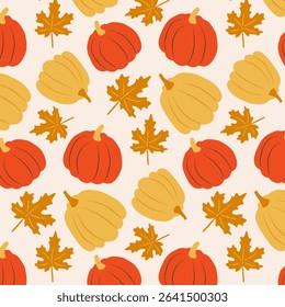 Autumn seamless background with pumpkins and maple leaves. Autumn pattern for fabric, packaging, cover. Vector.
