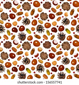 Autumn seamless background with various nuts. Vector illustration.