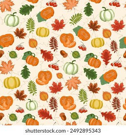 autumn seamless background. vector illustration depicting a variety of colorful fallen leaves, acorns, berries and ripe pumpkins on a light background. An autumn-themed drawing