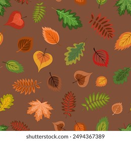 autumn seamless background. Vector illustration depicting a multitude of multicolored fallen leaves of maple, oak, birch on a dark brown background. An autumn-themed drawing