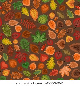 autumn seamless background. Vector illustration depicting a multitude of multicolored fallen leaves of maple, oak, birch on a dark brown background. An autumn-themed drawing