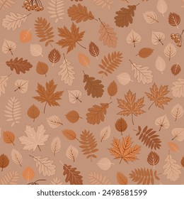 autumn seamless background. Vector illustration depicting a lot of fallen leaves of maple, oak, birch, ashberry in restrained brown tones. An autumn-themed drawing