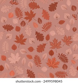 autumn seamless background. Vector illustration depicting a lot of fallen leaves of maple, oak, birch, ashberry in restrained faded pink tones. An autumn-themed drawing