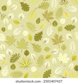 autumn seamless background. Vector illustration depicting a lot of fallen leaves of maple, oak, birch, ashberry in light green tones. An autumn-themed drawing