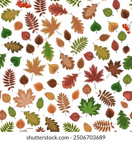 autumn seamless background. Vector illustration depicting a lot of fallen leaves of maple, oak, birch, ashberry in restrained tones. An autumn-themed drawing