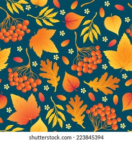 Autumn seamless background, with yellow leafs and rowan
