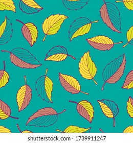 Autumn seamless background. Yellow and orange leaves on green. Vector hand drawn doodle. Linear drawing. For wallpaper, wrapping, packaging, scrap. Fall digital paper.