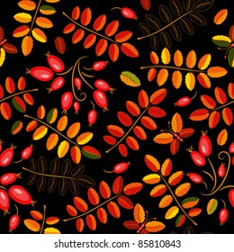 Autumn seamless black floral pattern with vivid leaves and  berries (vector)