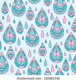 Autumn seamless blue ornamental pattern with rain drops. Endless abstract retro texture, template for design and decoration fabric, covers, wrapping paper, package. Vector illustration