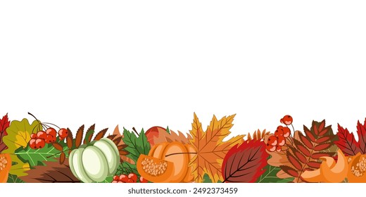 autumn seamless border, a lot of bright fallen leaves, pumpkins and rowan berries lie in a horizontal strip from below. colorful vector illustration on an autumn theme